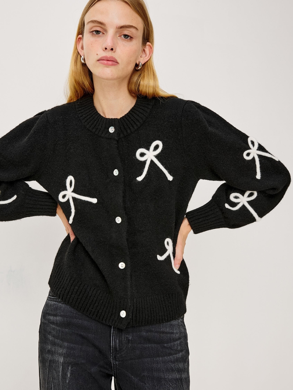 Rails Black Bow-Appliqué Button Cardigan